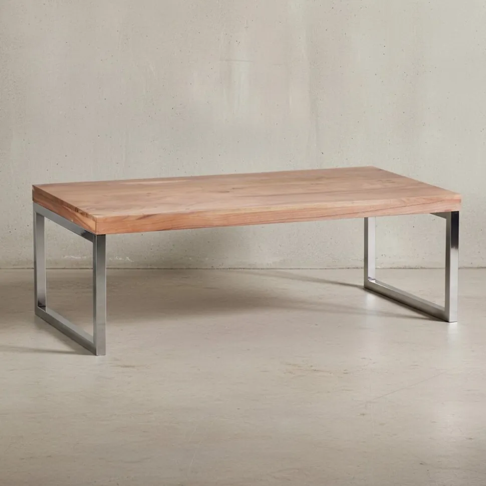 KADIMA DESIGN Couchtisch ISEN: Massivholz, Chromfüße, 120x40x60 cm, handgefertigt, Sheesham/Akazie.