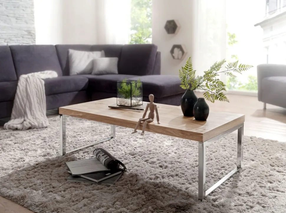 KADIMA DESIGN Couchtisch ISEN: Massivholz, Chromfüße, 120x40x60 cm, handgefertigt, Sheesham/Akazie.