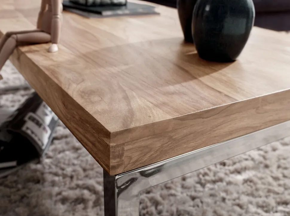 KADIMA DESIGN Couchtisch ISEN: Massivholz, Chromfüße, 120x40x60 cm, handgefertigt, Sheesham/Akazie.