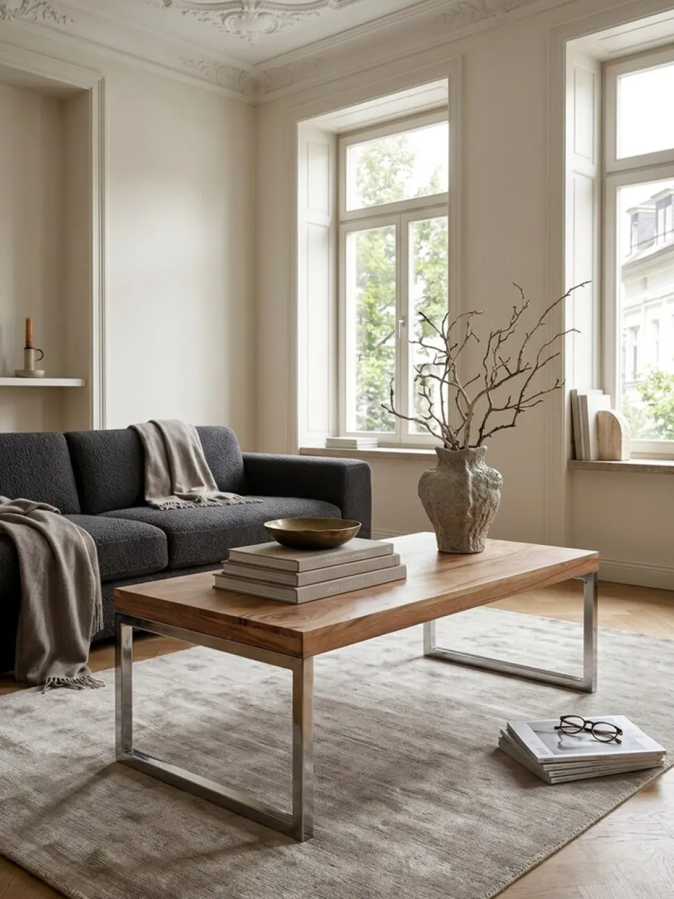 KADIMA DESIGN Couchtisch ISEN: Massivholz, Chromfüße, 120x40x60 cm, handgefertigt, Sheesham/Akazie.