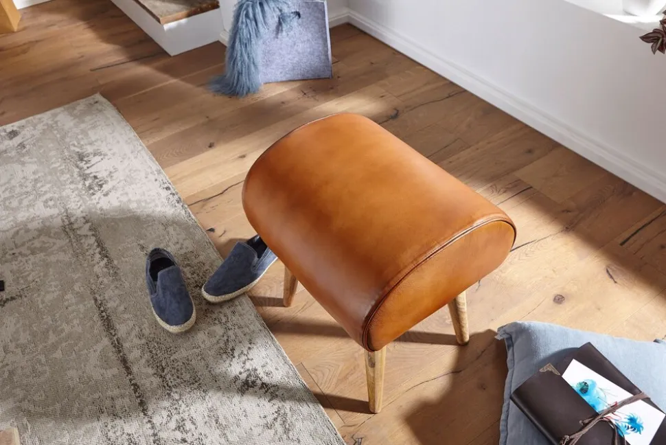 KADIMA DESIGN Echtleder Sitzhocker aus Massivholz, Braun, 45x53x40 cm, 120 kg Belastbarkeit.