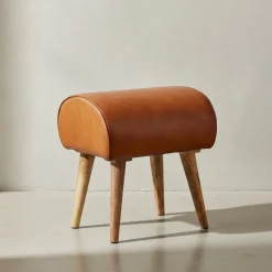 KADIMA DESIGN Echtleder Sitzhocker aus Massivholz, Braun, 45x53x40 cm, 120 kg Belastbarkeit.