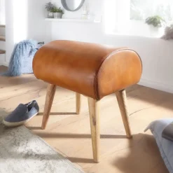 KADIMA DESIGN Echtleder Sitzhocker aus Massivholz, Braun, 45x53x40 cm, 120 kg Belastbarkeit.