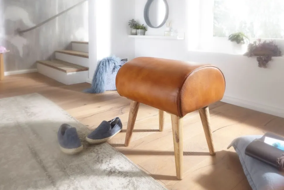 KADIMA DESIGN Echtleder Sitzhocker aus Massivholz, Braun, 45x53x40 cm, 120 kg Belastbarkeit.