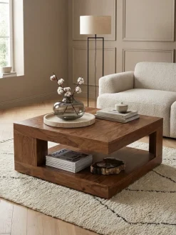 KADIMA DESIGN Sheesham Wohnzimmertisch Massiv, Quadratisch, 90x90 cm, Einzigartiges Unikat