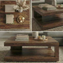 KADIMA DESIGN Sheesham Wohnzimmertisch Massiv, Quadratisch, 90x90 cm, Einzigartiges Unikat