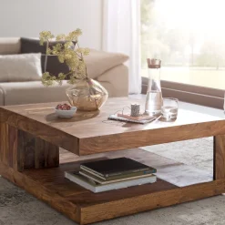 KADIMA DESIGN Sheesham Wohnzimmertisch Massiv, Quadratisch, 90x90 cm, Einzigartiges Unikat