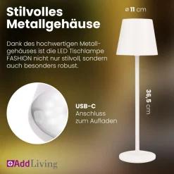 LED Tischleuchte FASHION dimmbar mit Touch Funktion 3 Lichtfarben IP44 12h Akku weiß