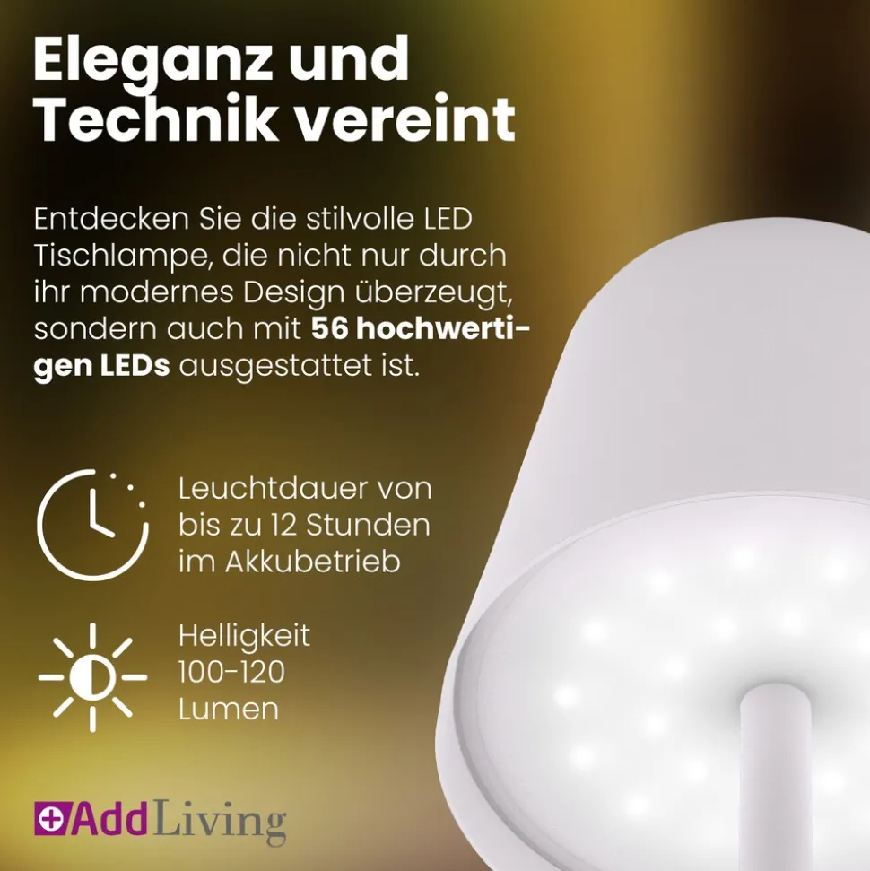 LED Tischleuchte FASHION dimmbar mit Touch Funktion 3 Lichtfarben IP44 12h Akku weiß