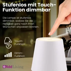 LED Tischleuchte FASHION dimmbar mit Touch Funktion 3 Lichtfarben IP44 12h Akku weiß