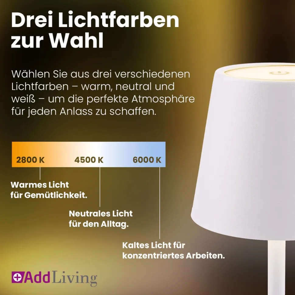 LED Tischleuchte FASHION dimmbar mit Touch Funktion 3 Lichtfarben IP44 12h Akku weiß