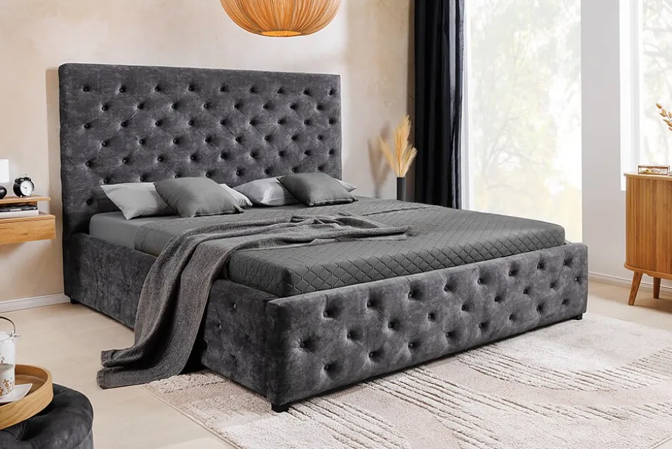 riess-ambiente Boxbett PARIS 180x200cm grau Samt mit Stauraum inkl. Matratze und Topper