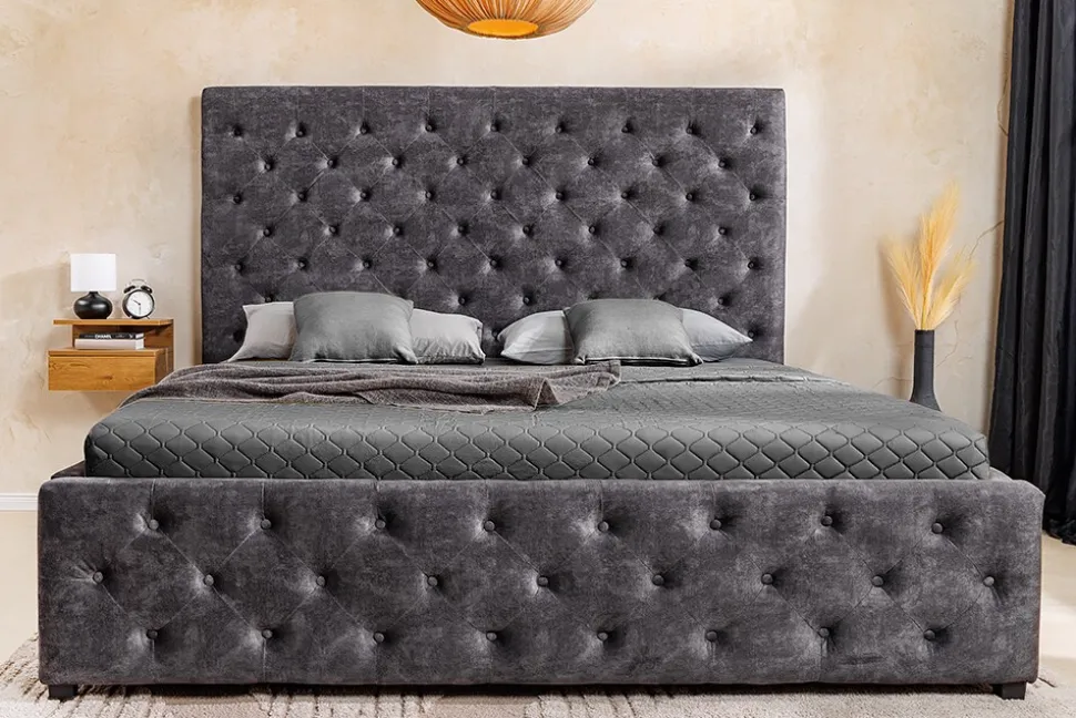 riess-ambiente Boxbett PARIS 180x200cm grau Samt mit Stauraum inkl. Matratze und Topper