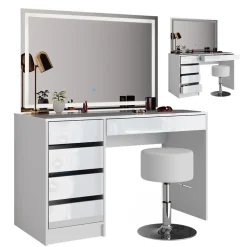 Schminktisch Sherry weiß hochglanz Frisiertisch LED Spiegel 5 Schubladen Kommode Hocker Vicco