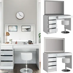 Schminktisch Sherry weiß hochglanz Frisiertisch LED Spiegel 5 Schubladen Kommode Hocker Vicco