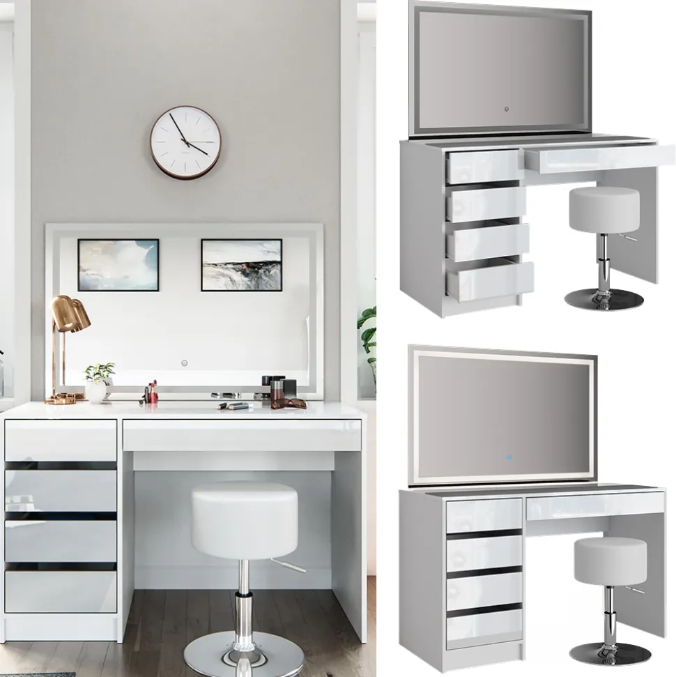 Schminktisch Sherry weiß hochglanz Frisiertisch LED Spiegel 5 Schubladen Kommode Hocker Vicco
