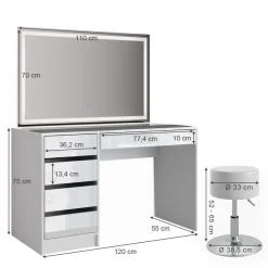 Schminktisch Sherry weiß hochglanz Frisiertisch LED Spiegel 5 Schubladen Kommode Hocker Vicco