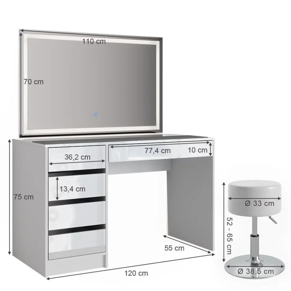 Schminktisch Sherry weiß hochglanz Frisiertisch LED Spiegel 5 Schubladen Kommode Hocker Vicco