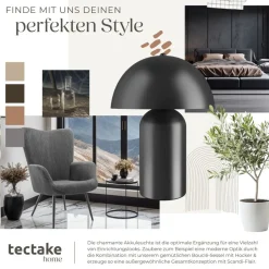 tectake® Akku-Tischlampe, Retro-Pilzdesign im 70er-Jahre-Stil, indirektes Licht, Touchschalter, inkl. Ladekabel, 25 x 34 cm
