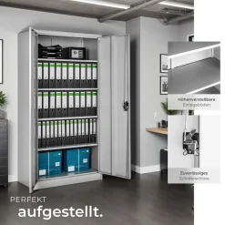 tectake® Aktenschrank, aus pulverbeschichtetem Stahl, 4 höhenverstellbare Einlegeböden, 180 x 80 x 40 cm