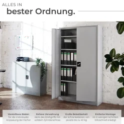 tectake® Aktenschrank, aus pulverbeschichtetem Stahl, 4 höhenverstellbare Einlegeböden, 180 x 80 x 40 cm