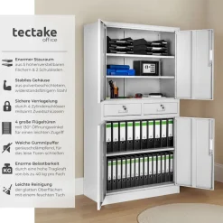 tectake® Aktenschrank, aus pulverbeschichtetem Stahl, 3 höhenverstellbare Einlegeböden, 180 x 80 x 40 cm