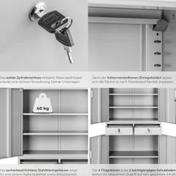 tectake® Aktenschrank, aus pulverbeschichtetem Stahl, 3 höhenverstellbare Einlegeböden, 180 x 80 x 40 cm