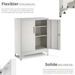 tectake® Aktenschrank, 80 x 40 x 100 cm, 2 verstellbare Zwischenböden, pulverbeschichteter Stahl, Kippschutz, höhenverstellbare Füße