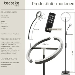 tectake® Deckenfluter, LED, 20 W, inklusive Leselicht 7 W, bewegliche LED-Bögen und Schwanenhals, 31,5 x 188 cm