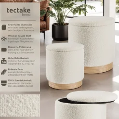 tectake® 2er Set Sitzhocker mit Stauraum, rund, gepolstert, mit Bouclé-Bezug