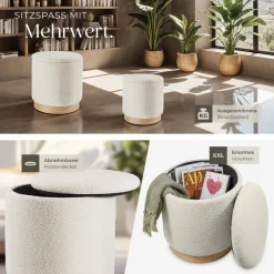 tectake® 2er Set Sitzhocker mit Stauraum, rund, gepolstert, mit Bouclé-Bezug