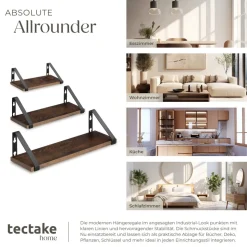 tectake® 3er Set Wandregal, Industrial Style, Belastbarkeit je Regal 15 kg, Höhe 12 cm