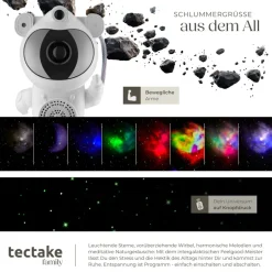 tectake® LED-Sternenhimmel-Projektor, 360° drehbarer Kopf, mit Sternen, Mond und Nebel, 4 RGB-Farben, 5 W, inkl. Stromkabel, Bluetooth- und Music-Funktion mit 8 Sounds sowie Timer