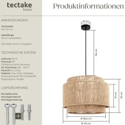 tectake® Pendelleuchte, Boho-Stil, Wickeltechnik, 40 W, Stahlgestell, 46 x 32 cm