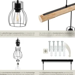tectake® Pendelleuchte, 4-flammig, 4x E27, 40 W, massiver Holzbalken, Gitter-Lampenschirme, 82 x 13,5 x 140 cm