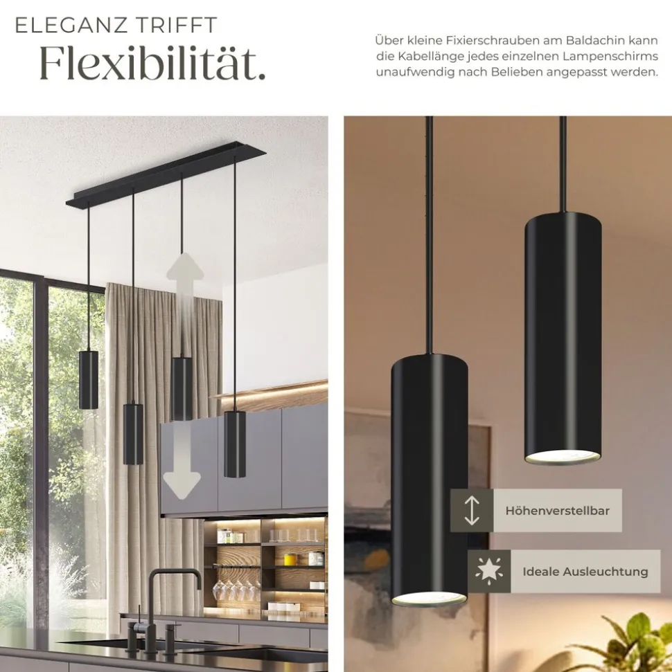 tectake® Pendelleuchte, 4-flammig, 4x GU10, 40 W, längenverstellbare Kabel, 75 x 9 x 146 cm