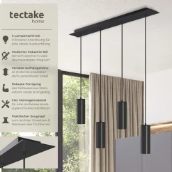 tectake® Pendelleuchte, 4-flammig, 4x GU10, 40 W, längenverstellbare Kabel, 75 x 9 x 146 cm