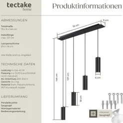 tectake® Pendelleuchte, 4-flammig, 4x GU10, 40 W, längenverstellbare Kabel, 75 x 9 x 146 cm