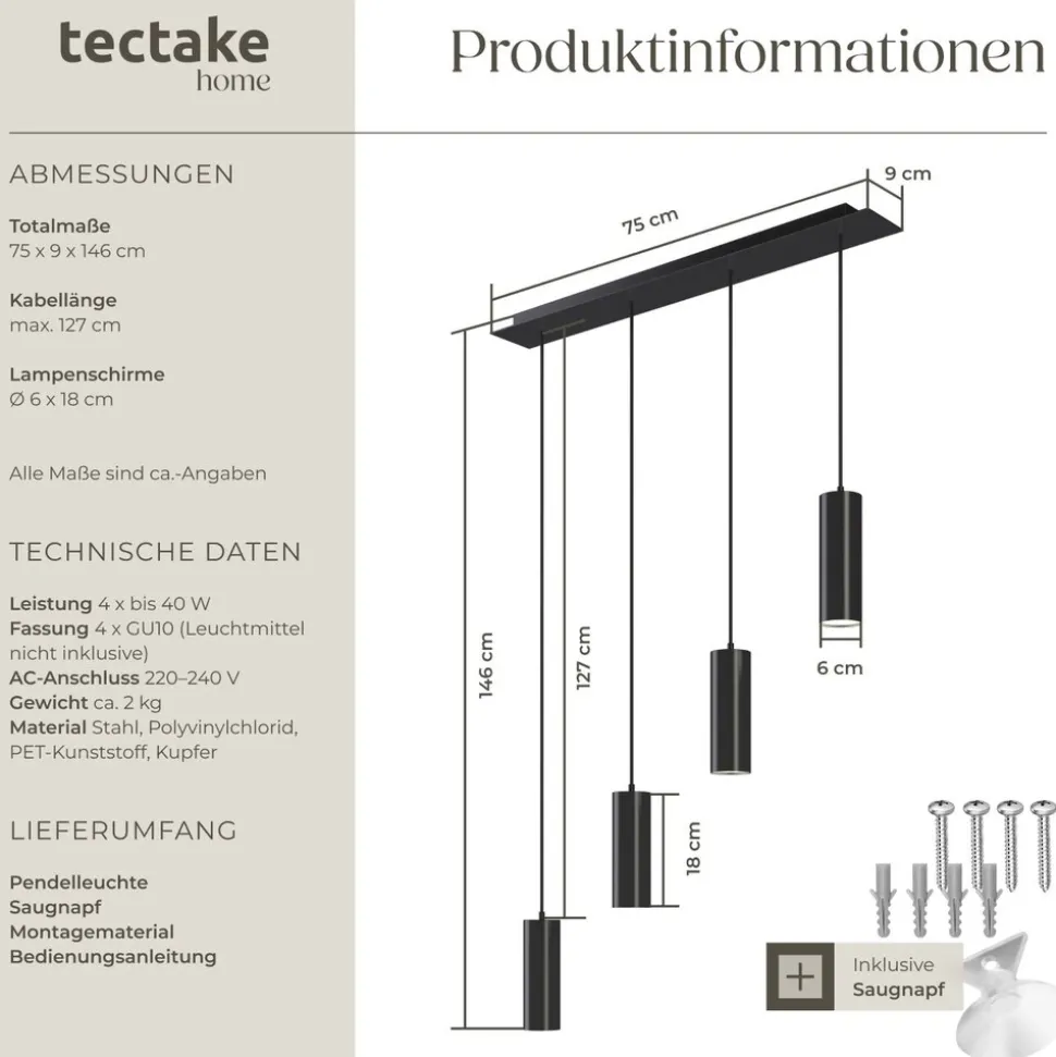 tectake® Pendelleuchte, 4-flammig, 4x GU10, 40 W, längenverstellbare Kabel, 75 x 9 x 146 cm