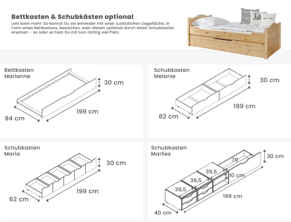 TiCAA Doppelbett "Leni" 140x200 mit 2er Schubkästen