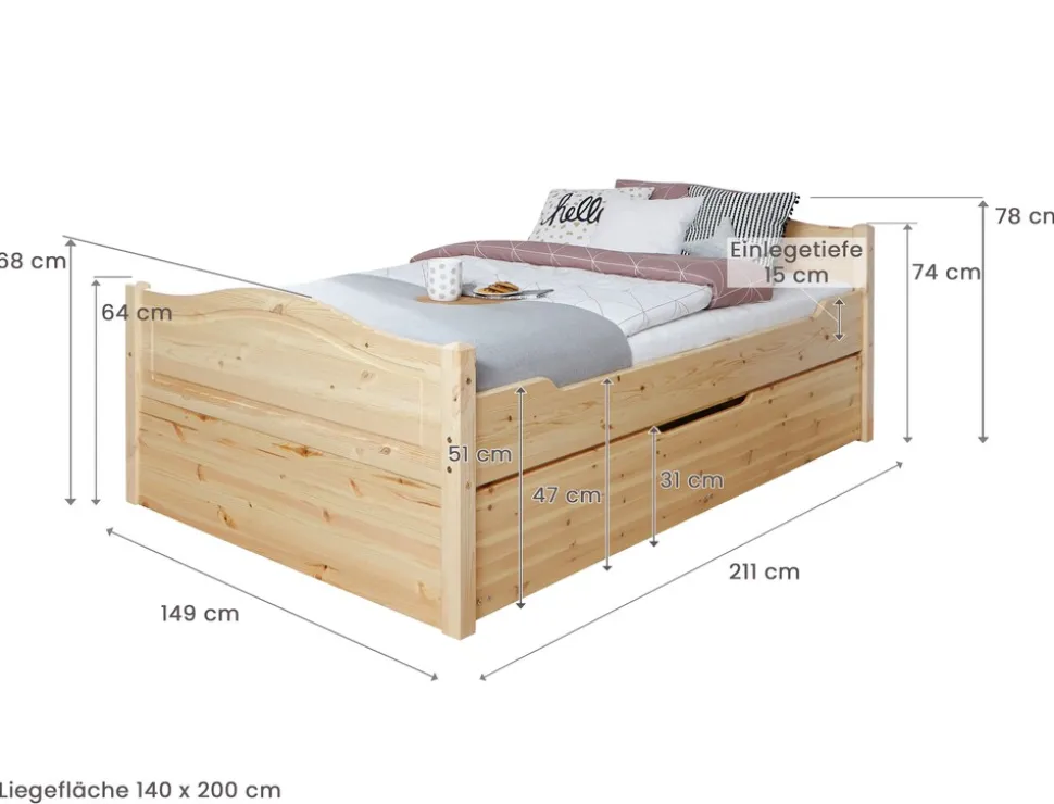 TiCAA Doppelbett "Leni" 140x200 mit Zusatzbett