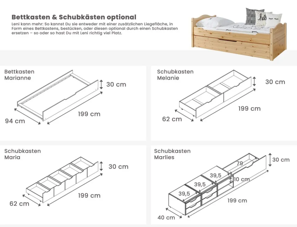 TiCAA Doppelbett "Leni" 140x200 mit Zusatzbett