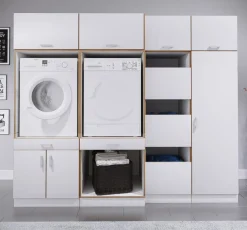 VCM Waschmaschinenschrank mit Unterschrank, Waschmaschinenumbau mit Stauraum hinter zwei Drehtüren und einer Schublade, Maße: Überbauschrank H. 162 x B. 67 x T. 68 cm, Rislo CL XL