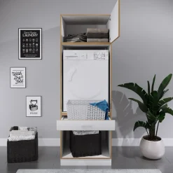 VCM Waschmaschinenschrank mit Unterschrank, Waschmaschinenumbau mit Stauraum hinter einer Klappe und einer Schublade, Maße: Überbauschrank H. 200 x B. 67 x T. 68 cm, Rislo OP XXL