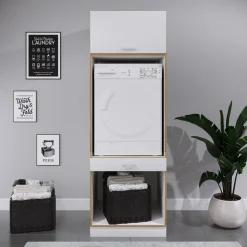VCM Waschmaschinenschrank mit Unterschrank, Waschmaschinenumbau mit Stauraum hinter einer Klappe und einer Schublade, Maße: Überbauschrank H. 200 x B. 67 x T. 68 cm, Rislo OP XXL