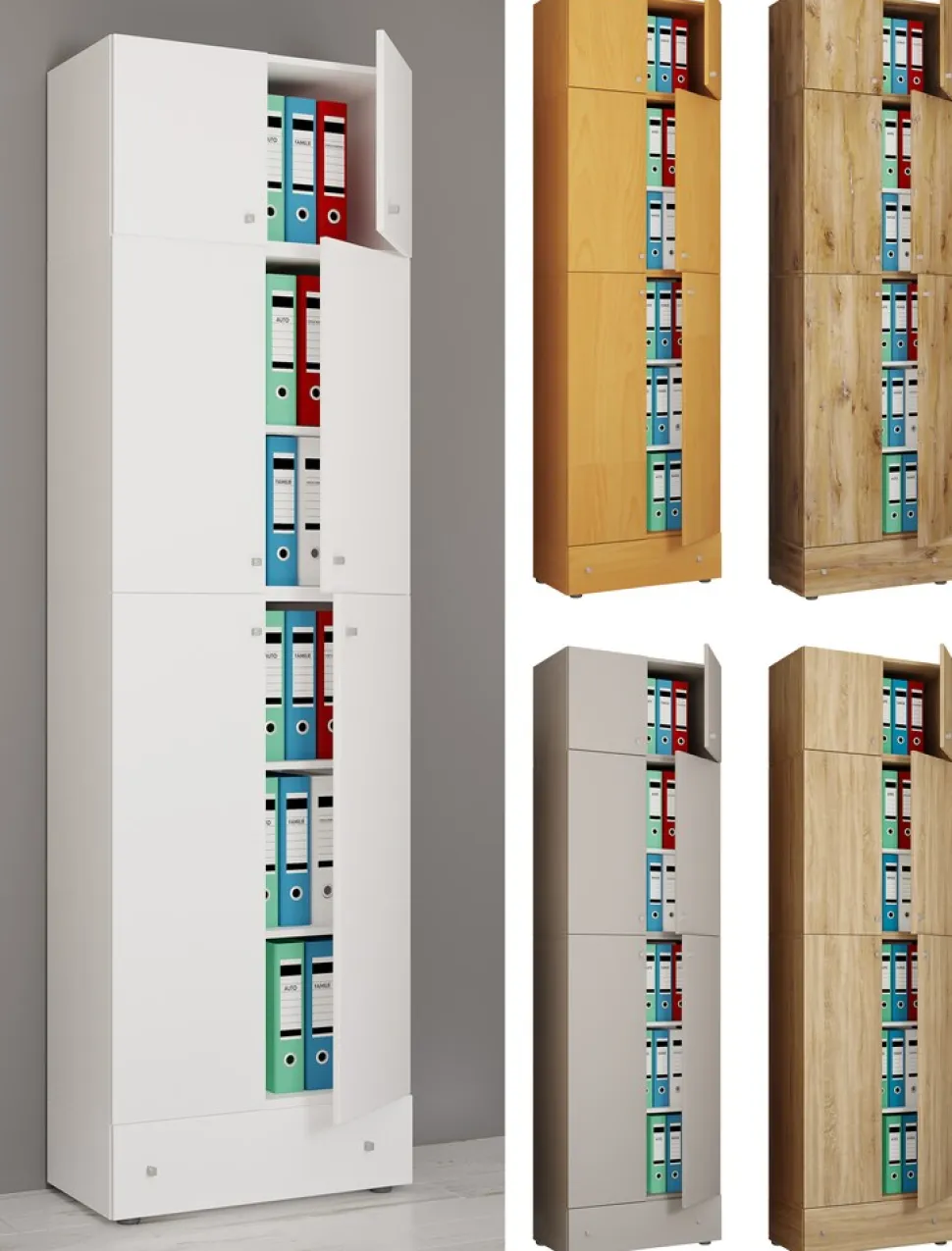 VCM XXL Büroschrank mit 5 Fächern mit Aufsatz und Schublade | moderner Aktenschrank mit Drehtüren | Maße ca. H. 240 x B. 70 x T. 39 cm – Lona 5-Fach