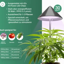 VENSO LED Pflanzenlampe Vollspektrum CANNA SUNLiTE, 30W Parus Grow Light, Ausziehbarer Teleskopstab bis 170cm, Ideal für 1-2 Cannabis Pflanzen, Indoor Anzucht, 4000K, IP54, EU-Stecker