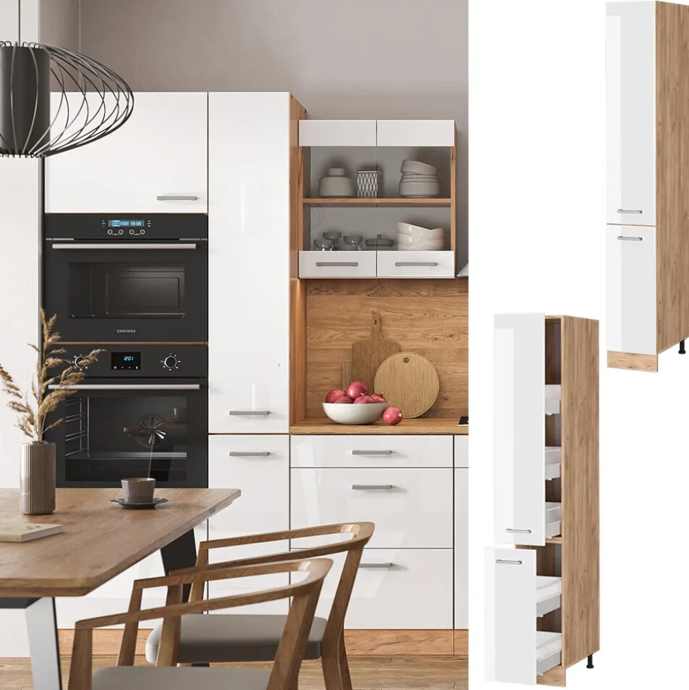 Vicco Apothekerhochschrank Küchenschrank Küchenzeile R-Line 30 cm Eiche Weiß