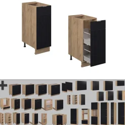 Vicco Apothekerunterschrank Fame-Line Eiche Schwarz gestreift 30 cm mit Arbeitsplatte Marmor-Weiß