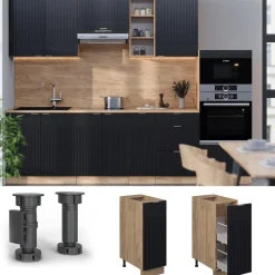 Vicco Apothekerunterschrank Fame-Line Eiche Schwarz gestreift 30 cm mit Arbeitsplatte Marmor-Weiß